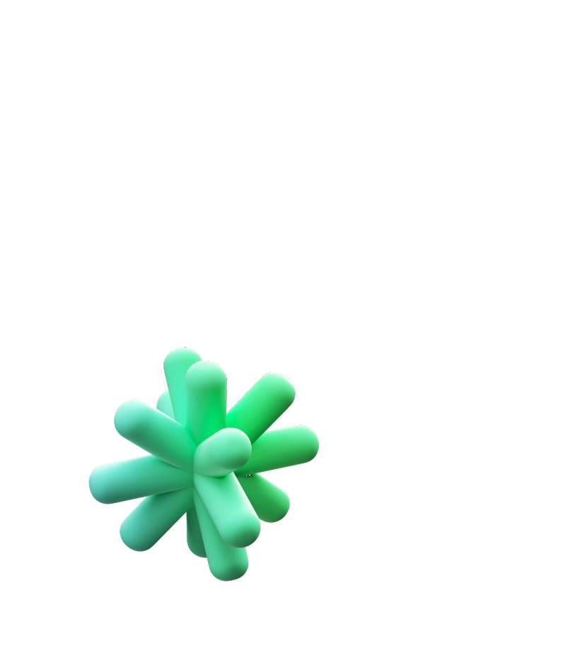 3D decorative shapes: a green glossy asterisk, a purple blurred blob, and an orange ribbed cone